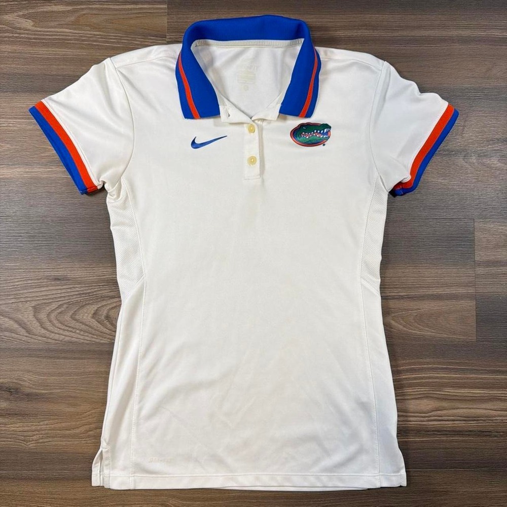 Nike Florida Gators white polo shirt with blue/orange stripes on collar